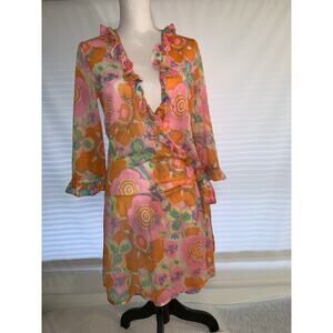 ROMANTIC RUFFLED ART DECO WING SLEEVE 1970s Vintage Dressing ROBE S / M